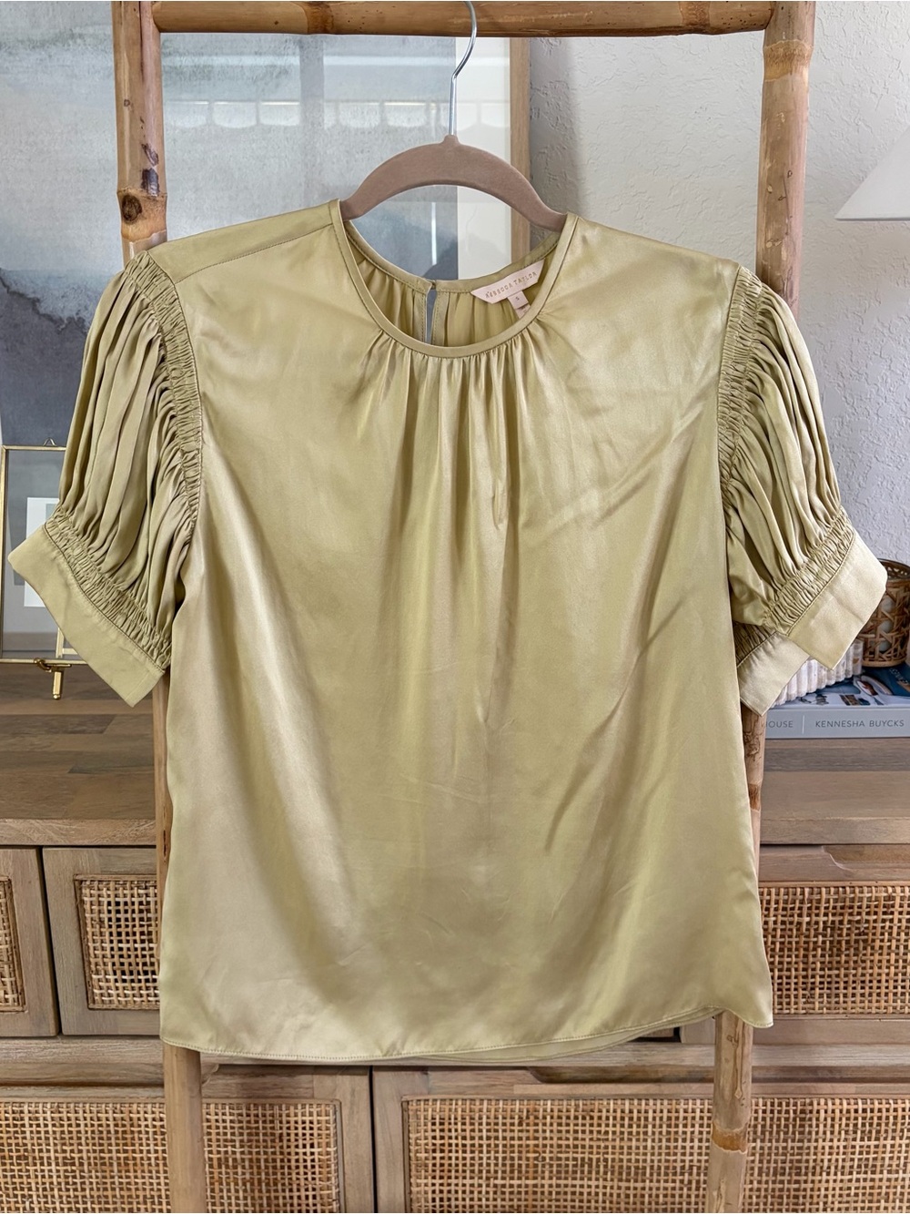 Rebecca Taylor Olive Green Ruched Sleeve Silk Top